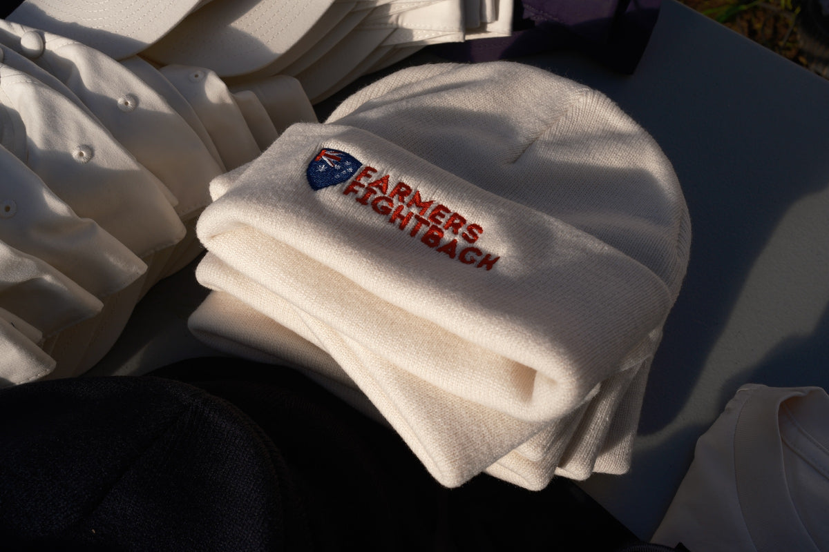 Farmers Fightback cream beanie with embroidered badge