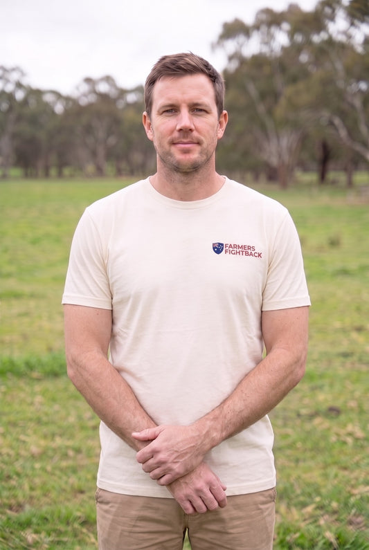 Ecru tee, mens fit, worn in an Australian paddock