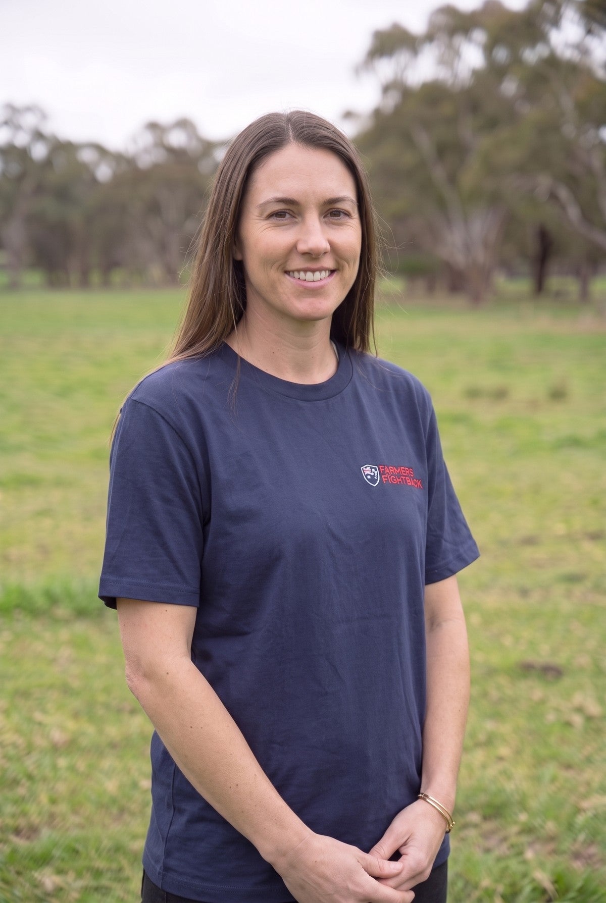 Navy tee, womens fit, worn in an Australian paddock