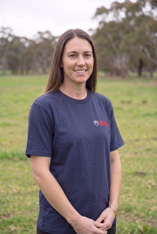Navy tee, womens fit, worn in an Australian paddock