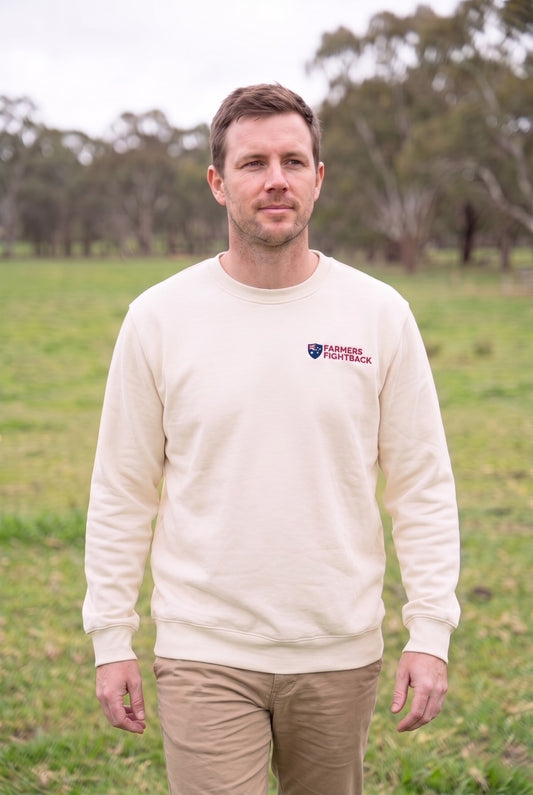 Ecru crew, mens fit, worn in an Australian paddock
