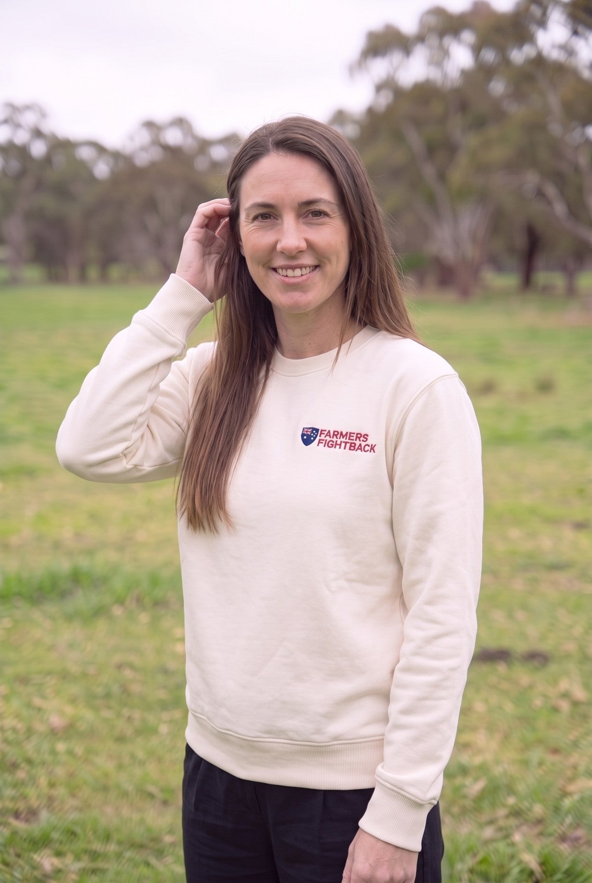 Ecru crew, womens fit, worn in an Australian paddock