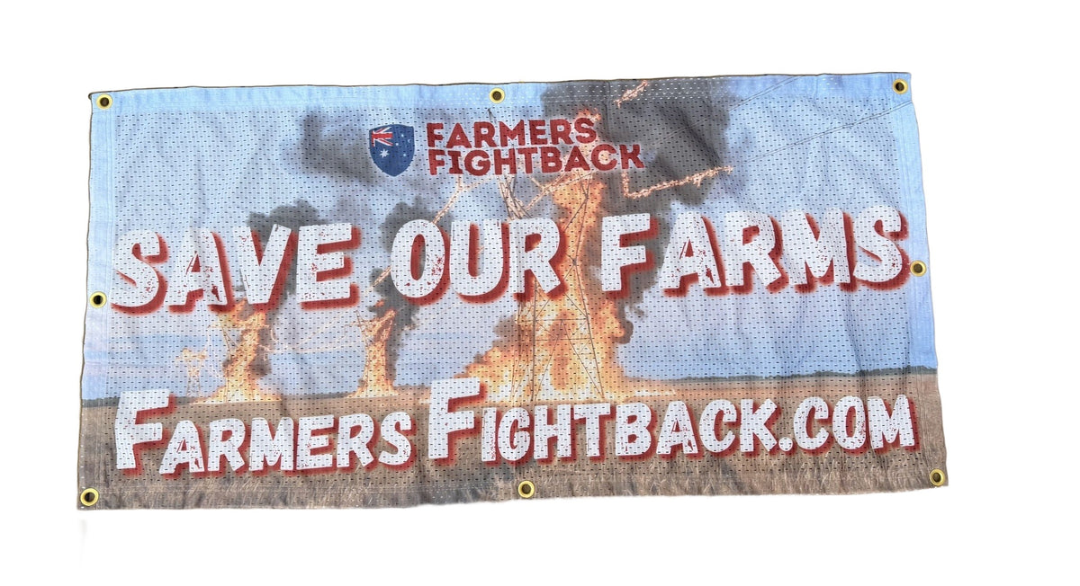 Save Our Farms mesh banner, cut out, showing eyelets and mesh weave