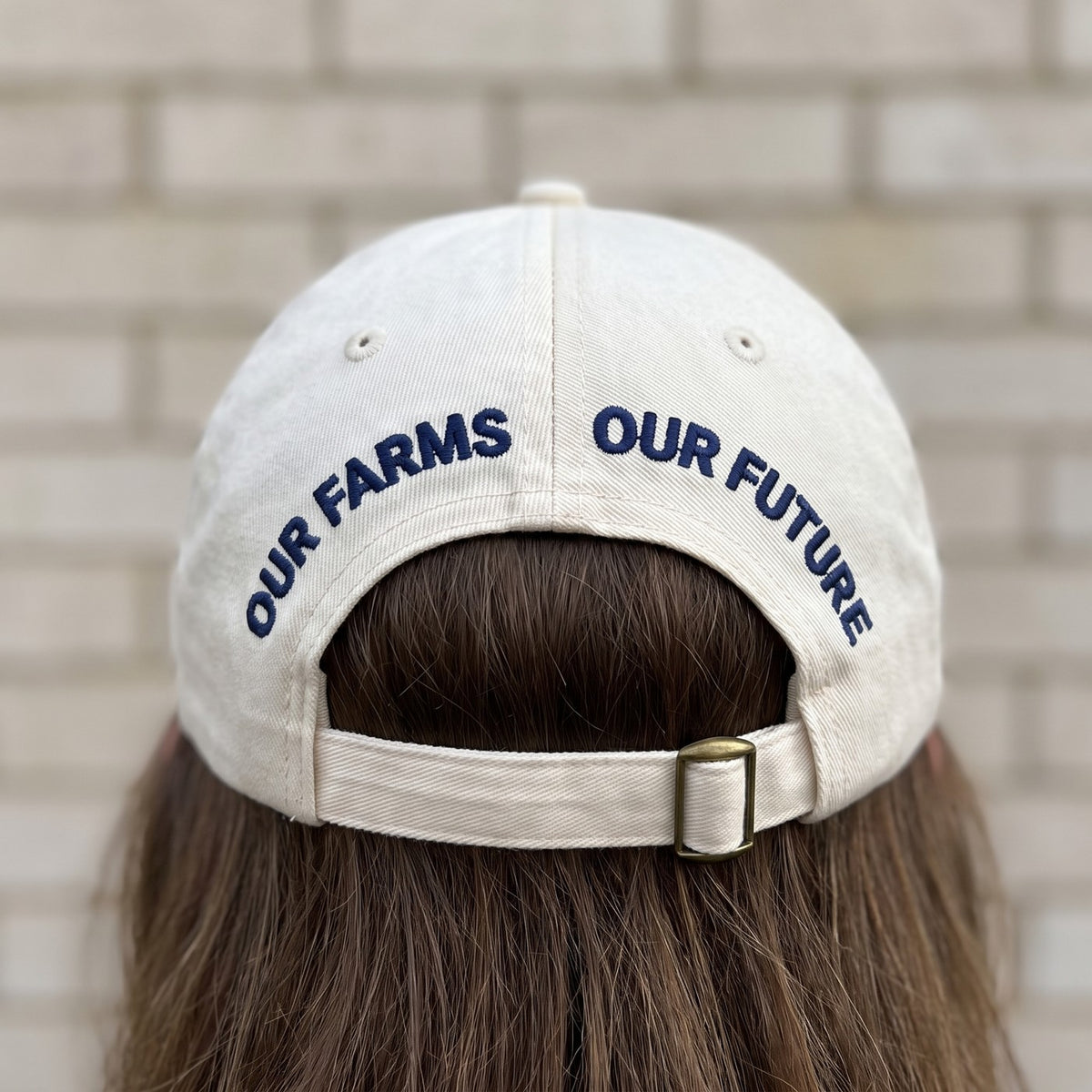 Cream cap back, Our Farms Our Future in navy