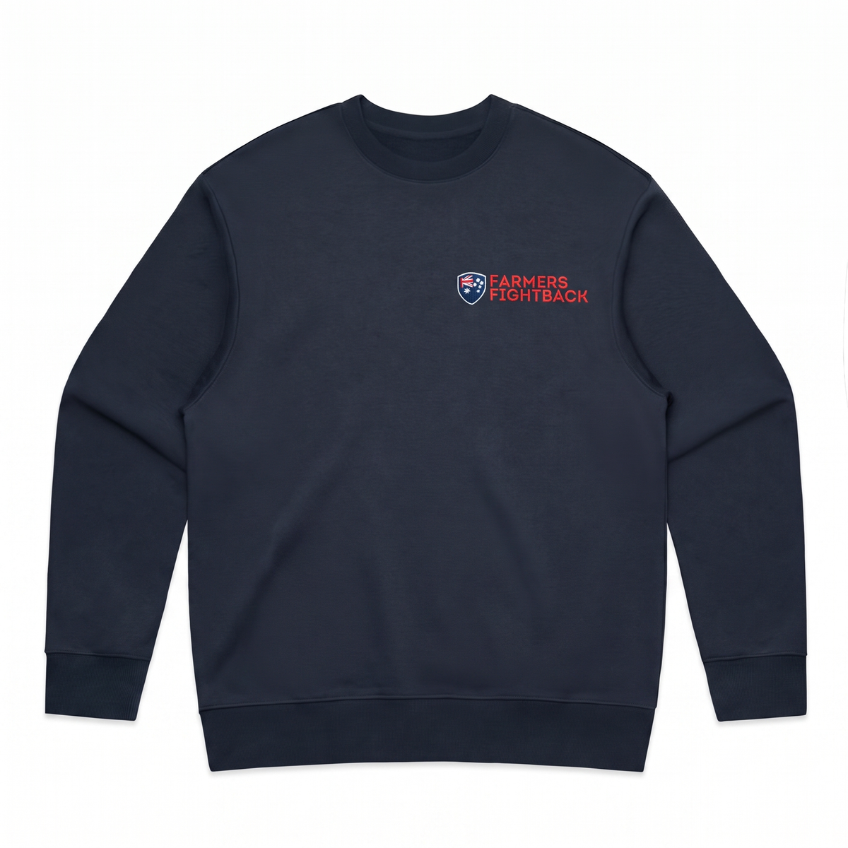 Farmers Fightback midnight blue crew jumper, mens fit, flat product view