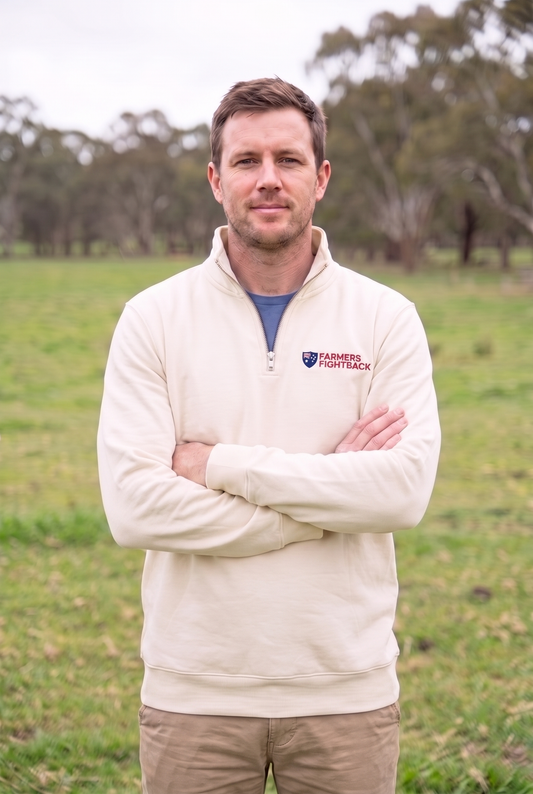 Cream quarter zip, mens fit, worn in an Australian paddock