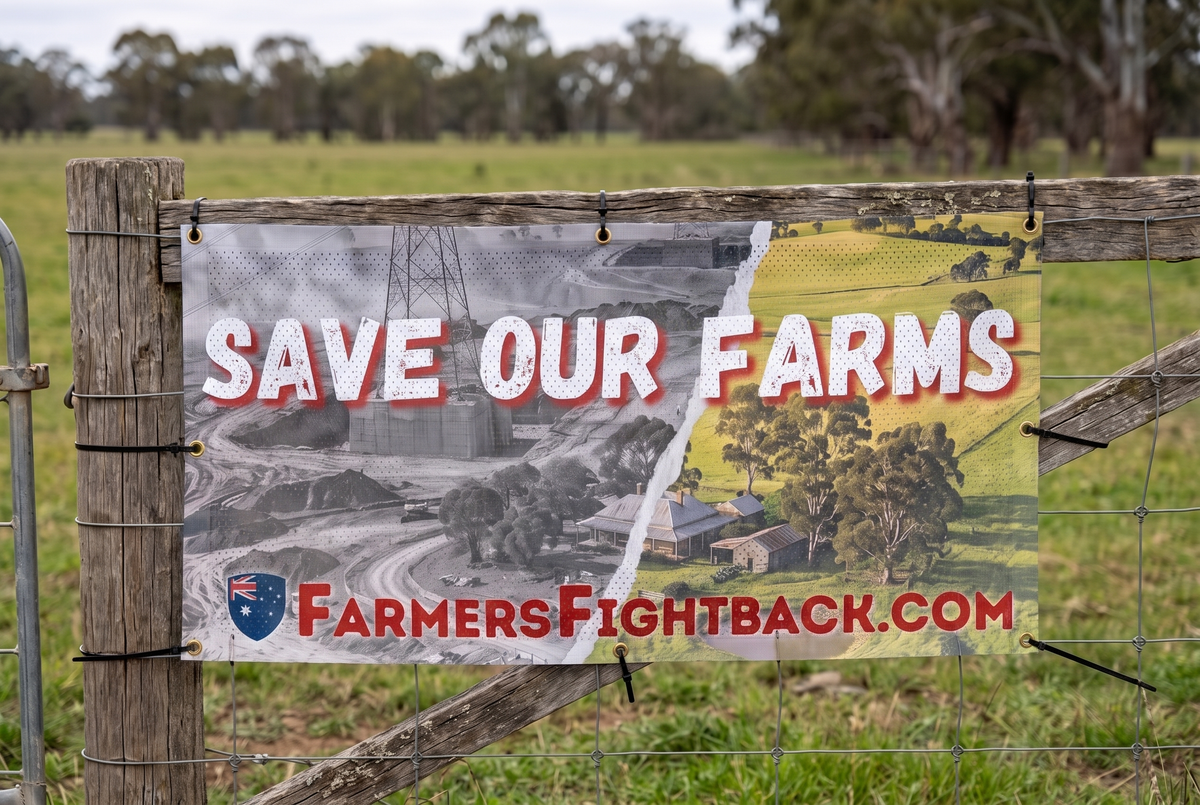 Farmers Fightback Save Our Farms mesh banner cable tied to a farm fence