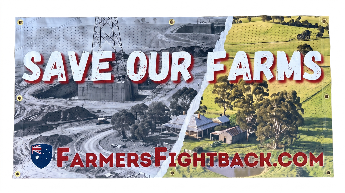 Save Our Farms mesh banner, cut out, showing eyelets and mesh weave